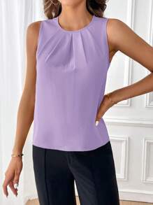 SHEIN Clasi 纯色褶皱细节无袖衬衫，无袖上衣 - 紫丁香色 - 查看 3