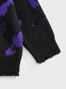 ROMWE MEN Grunge Punk 男士图案落肩套头毛衣 - 黑色 - 查看 3