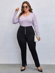 SHEIN Essnce 大碼紐扣門襟下擺開叉緊身牛仔褲 - 黑色 - 查看 6