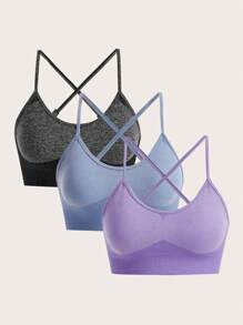 SHEIN Yoga Basic 3入組露背交叉運動型胸罩 - 彩色 - 查看 1