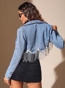 SHEIN BAE Fringe Trim Crop Denim Jacket Sequin Party Fashion High-End Denim Short Blazer - Blue - View 4