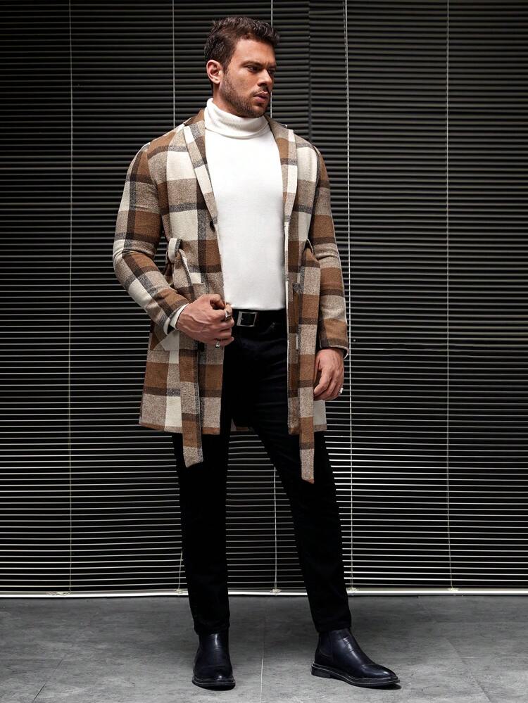 Men Plaid Dual Pocket Belted Overcoat Without Sweater