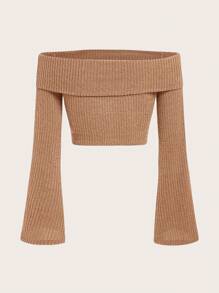 SHEIN EZwear Áo thun hở vai mùa xuân - Màu be - Xem 2