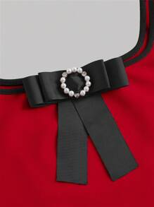 SHEIN MOD Bộ đồ hai mảnh nữ Tương phản ràng buộc Nơ Bướm Pha lê kim cương Khối Màu Giải trí - Đỏ - Xem 4