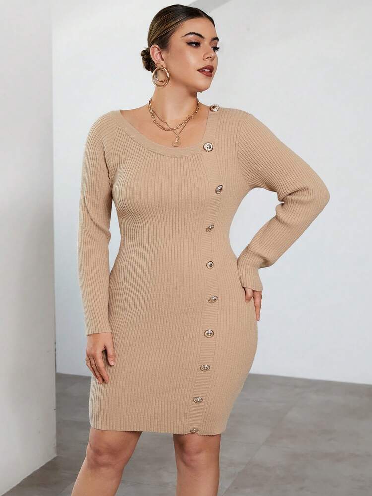 SHEIN Privé Plus Button Detail Ribbed Knit Sweater Dress - Khaki - View 5