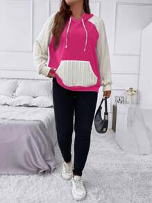 SHEIN LUNE Plus Size Two Tone Raglan Sleeve Drawstring Sweatshirt - Hot Pink - View 6