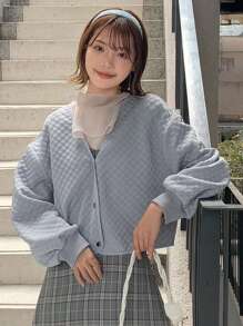 FRIFUL Solid Drop Shoulder Quilted Jacket,Fall Clothes - Dusty Blue - View 13