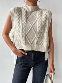 EURMUSE Mock Neck Knot Side Cable Knit Sweater Vest - Beige - View 5