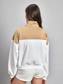 SHEIN Sports 刺绣字母图案双色半拉链落肩户外卫衣 - 白色 - 查看 2