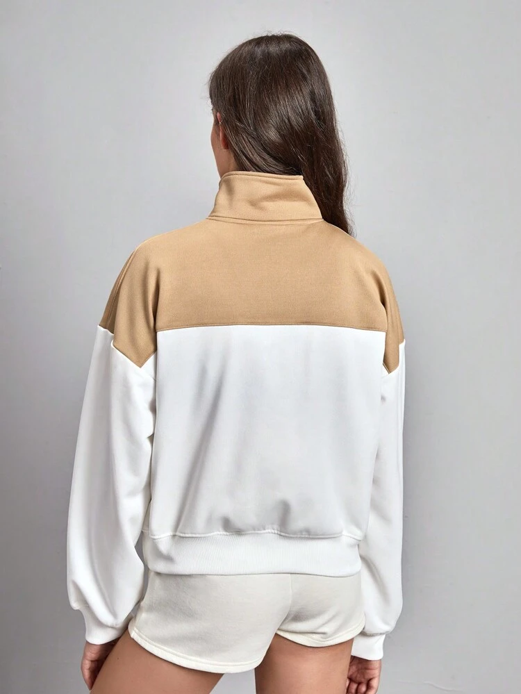 Embroidery Letter Pattern Two Tone Half Zip Drop Shoulder Outdoor Sweatshirt