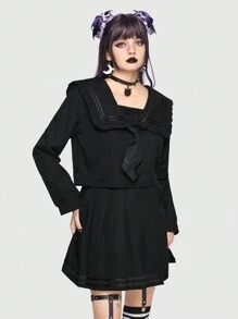 ROMWE J-Fashion Striped Sailor Collar Blouse & Pleated Skirt - Black - View 4