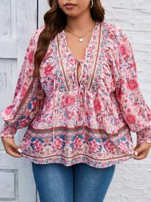 SHEIN LUNE Plus Floral Print Tie Front Lantern Sleeve Blouse - Pink - View 4