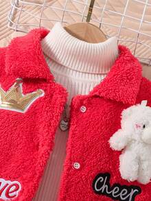 SHEIN Young Girl Letter Patched Striped Trim Teddy Jacket Without Sweater - Multicolor - View 3