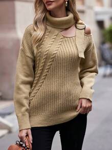 SHEIN LUNE Cut Out Buckle Detail Turtleneck Drop Shoulder Sweater Knit Pullover Fall Winter Outfit - Camel - View 1