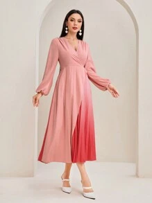 Modelyn 優雅腰帶 百褶 交叉純色女士連衣裙