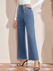 EMERY ROSE High Waist Button Detail Wide Leg Pants - Dusty Blue - View 3