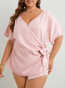 SHEIN Clasi 大碼蝙蝠袖側打結圍裹女士襯衫 - 淺粉色 - 查看 1