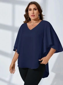 SHEIN Clasi Talla grande Blusa unicolor de cuello V de manga mariposa - Azul Marino - Ver 4