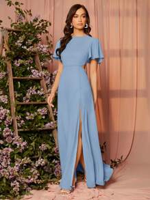 SHEIN Belle 荷叶边袖开叉大腿伴娘礼服优雅正式晚会舞会婚礼宾客礼服，适合毕业典礼、晚宴派对礼服 - 霧霾藍 - 查看 6