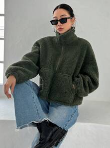 DAZY 拉鍊式下垂肩泰迪外套 - 綠色 - 查看 5