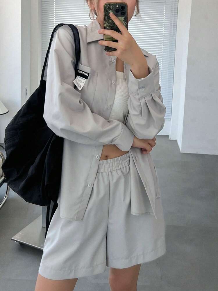 Letter Patched Drop Shoulder Blouse & Shorts,Women Two Pieces Sets Lounge Sets For Women