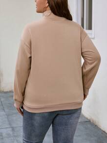 SHEIN LUNE Hơn Túi kangaroo Một nửa khóa kéo Thả vai Áo nỉ - Màu Khaki - Xem 2