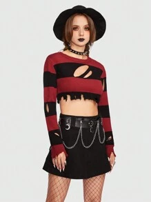 ROMWE Goth Striped Pattern Cut Out Front Crop Sweater