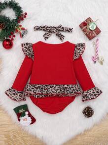 SHEIN Baby Girl Christmas Print Ruffle Trim Bodysuit & Headband - Red - View 2
