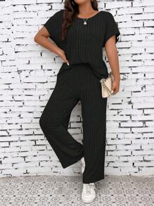 SHEIN LUNE Plus Batwing Sleeve Tee & Wide Leg Pants - Black - View 6