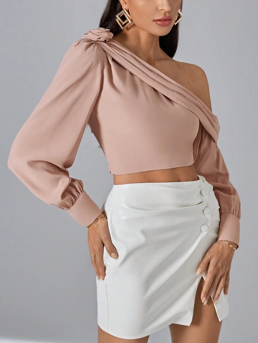 SHEIN Privé Cổ không đối xứng Chi tiết Ruched Áo sơ mi Crop - Hồng - Xem 1