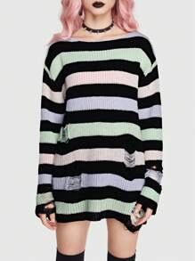 ROMWE Goth 條紋圖案破洞落肩袖套頭毛衣 - 彩色 - 查看 2