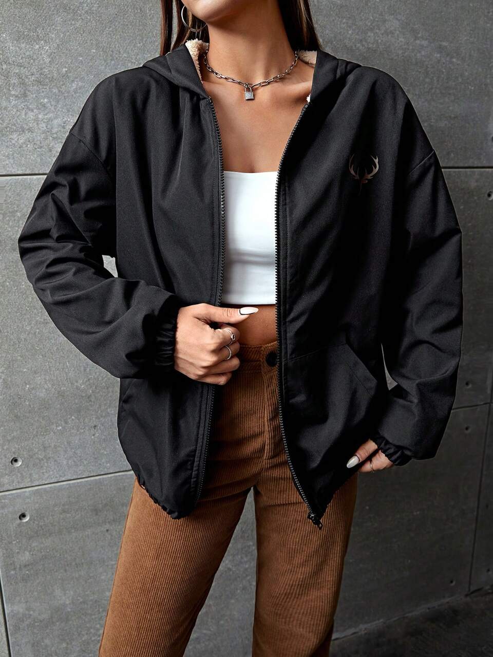 Zip Up Drop Shoulder Hooded Thermal Jacket In Fall/Winter