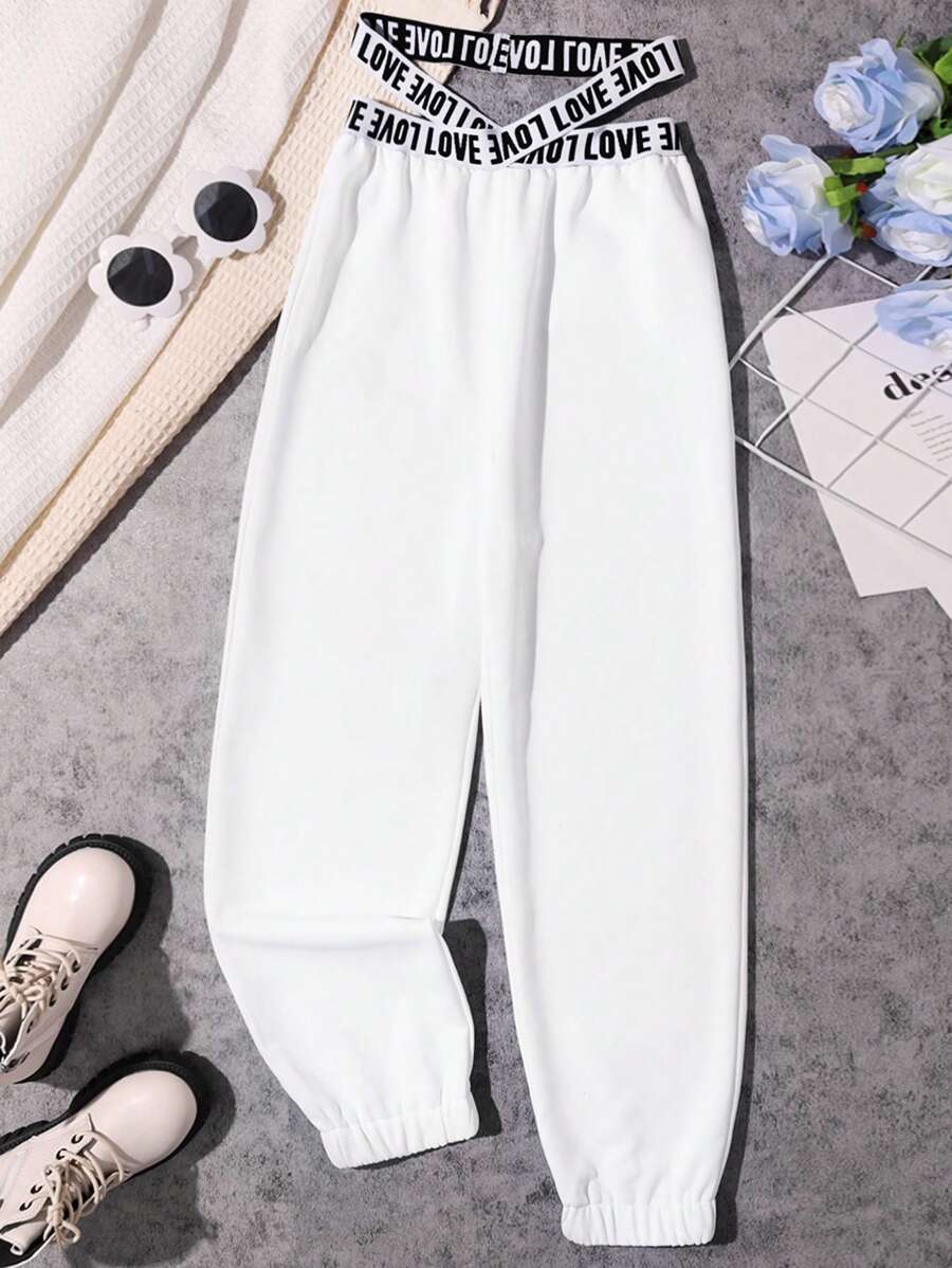 Tween Girl Contrast Letter Tape Crisscross Waist Sweatpants - White - View 1