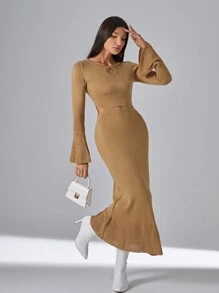 SHEIN Privé 優雅挖空 揉皺 荷葉邊純色女士毛衣連衣裙