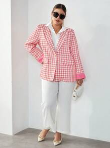 SHEIN Essnce Plus Houndstooth Print Single Button Blazer - Pink - View 5