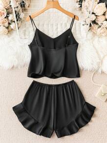 SilkySpell Solid Cami Top & Ruffle Hem Shorts PJ Set / Pajama Set
