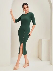 Modelyn 紐扣細節高衩毛衣洋裝 - 綠色 - 查看 1