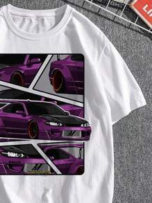 Hombres Camiseta con estampado de letra y coche - Blanco - Ver 3