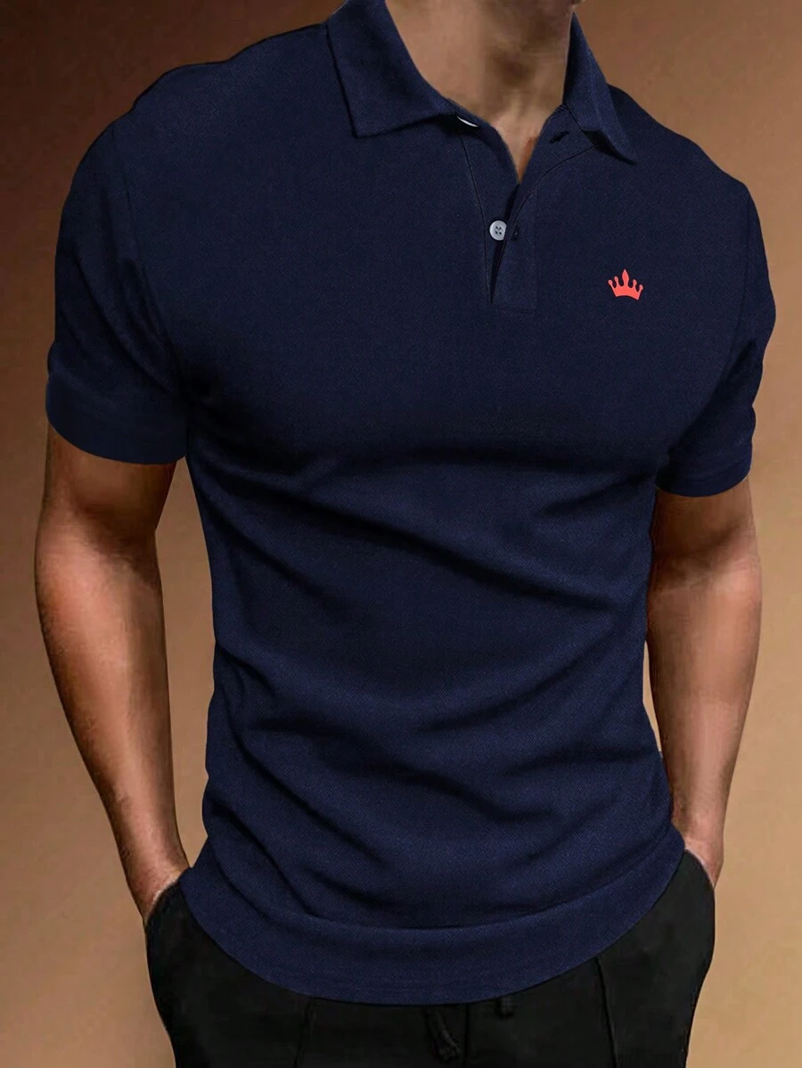 Manfinity Homme Men Crown Print Polo Shirt - Navy Blue - View 1