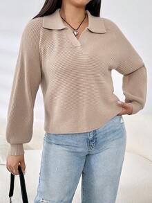 SHEIN EZwear 大碼素色V領套頭毛衣 - 駝色 - 查看 3