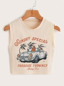 GOLDENLINE Top tank de coche con estampado de letra de canalé - Albaricoque - Ver 1