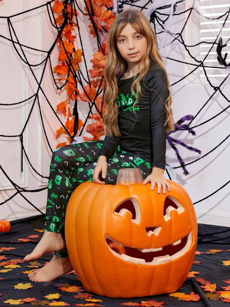 Tween Girl Snug Fit 1pc Halloween Funny Print Sleep Top & 1pc Leggings - Black - View 4