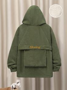 SHEIN Tween Boy 1pc Letter Embroidery Raglan Sleeve Hooded Thermal Lined Coat - Army Green - View 1