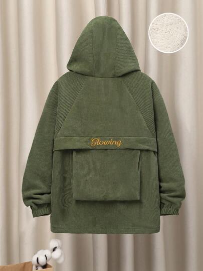 SHEIN 男大童1入組字母刺繡插肩袖連帽加絨內裏外套