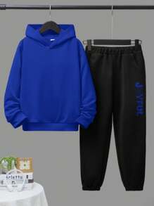 SHEIN Bộ Con Trai Túi Hoạt hình Slogan Giải trí - Màu xanh lam - Xem 2