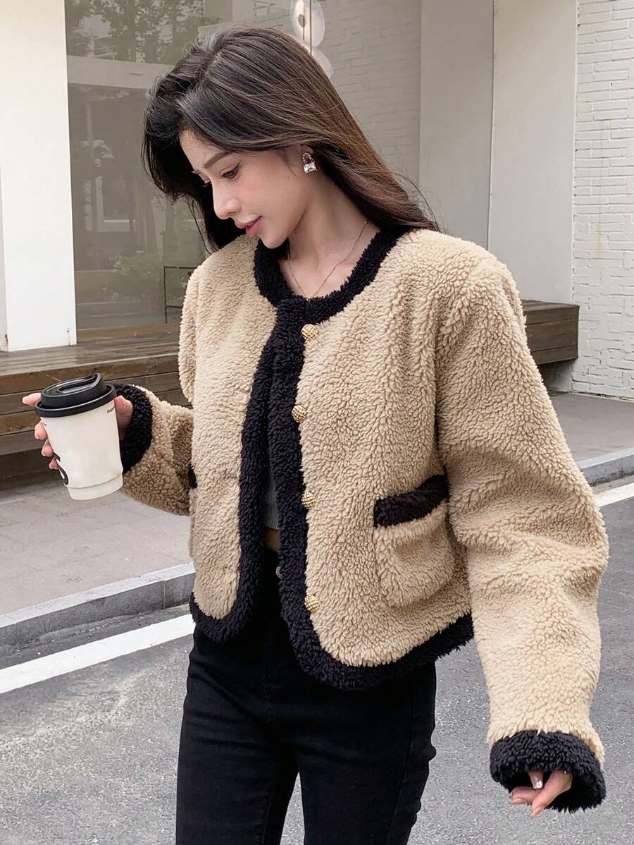 DAZY Contrast Trim Dual Pocket Teddy Jacket - Multicolor - View 1