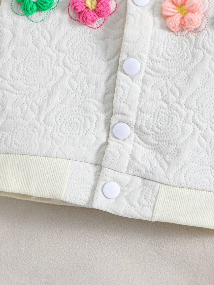 SHEIN Baby Girl Floral Embroidery Appliques Button Front Bomber Jacket - White - View 4