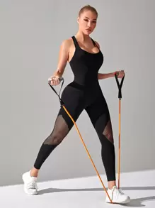 Easithlete Seamless Solid Criss Cross Backless Fishnet Panel Sports Jumpsuit - Black - View 2