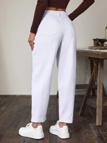 SHEIN Essnce Solid Slant Pocket Mom Fit Jeans