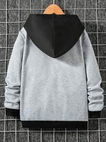 SHEIN Tween Boy Colorblock Kangaroo Pocket Hooded Sweatshirt - Grey - View 2